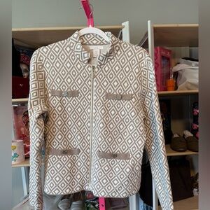 Halston Geometric Zip-Up Sweater – Medium, Cream & Tan , Metallic Hardware, EUC